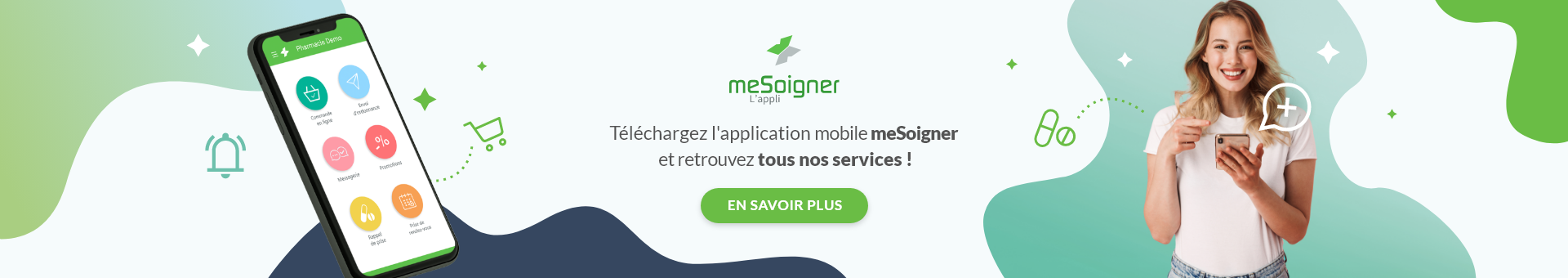 Une homme sur son vélo avec son téléphone utilise l'application meSoigner pour commander en ligne